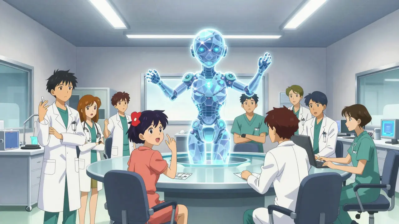 A multidisciplinary medical team working with a floating AI assistant in a dynamic anime setting