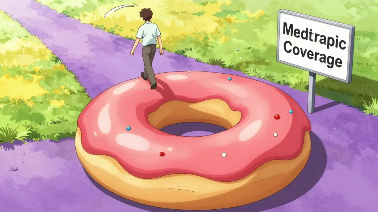 A patient stuck in a giant colorful donut void on a path to health coverage in a surreal anime style.