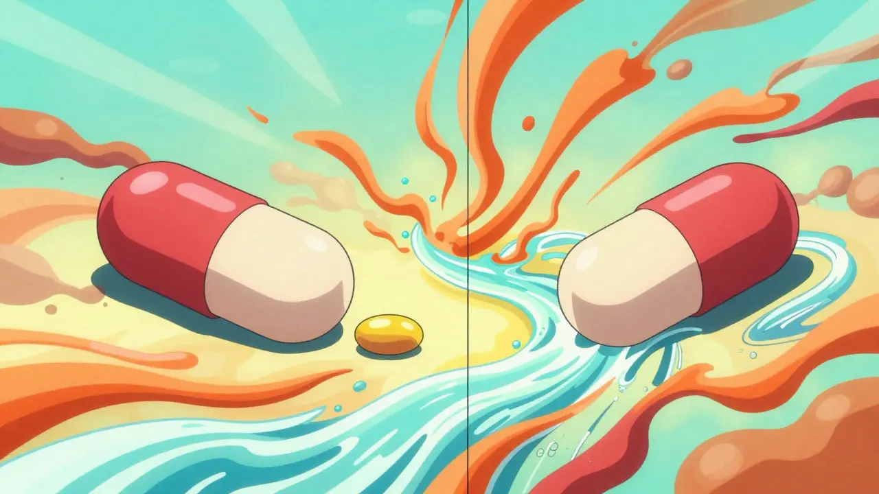 Abstract visualization of two different pills dissolving into a bloodstream of colorful energy