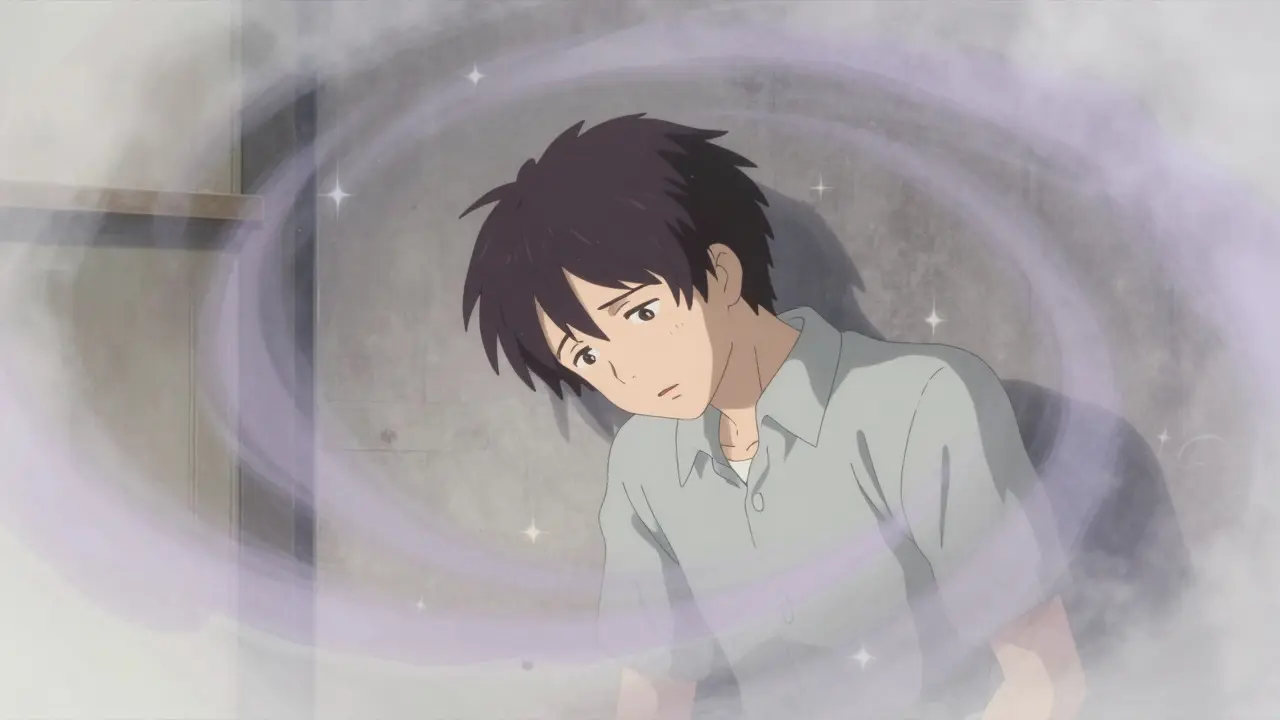Anime depiction of a person experiencing dizziness and brain fog with distorted surroundings.