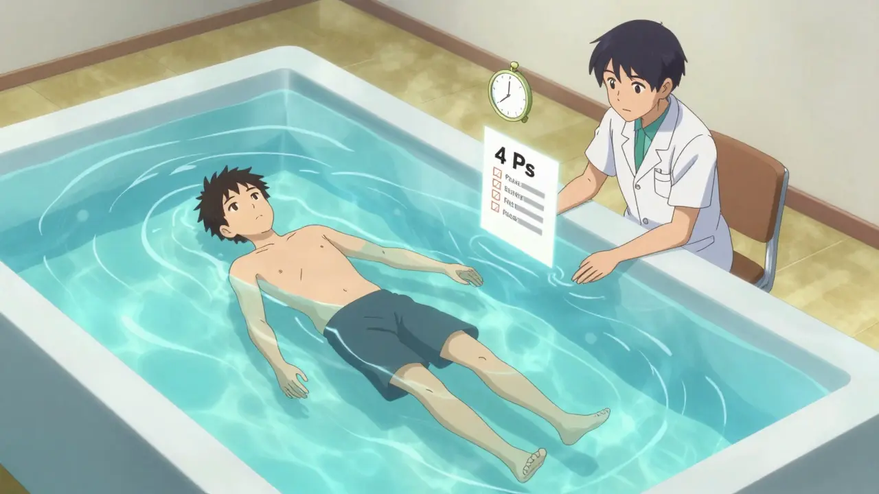 Anime scene of a person in a hydrotherapy pool with a therapist explaining energy conservation.