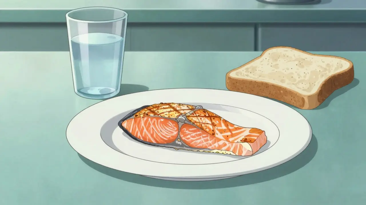 Anime style depiction of a healthy portion of grilled salmon on a plate in a minimal kitchen