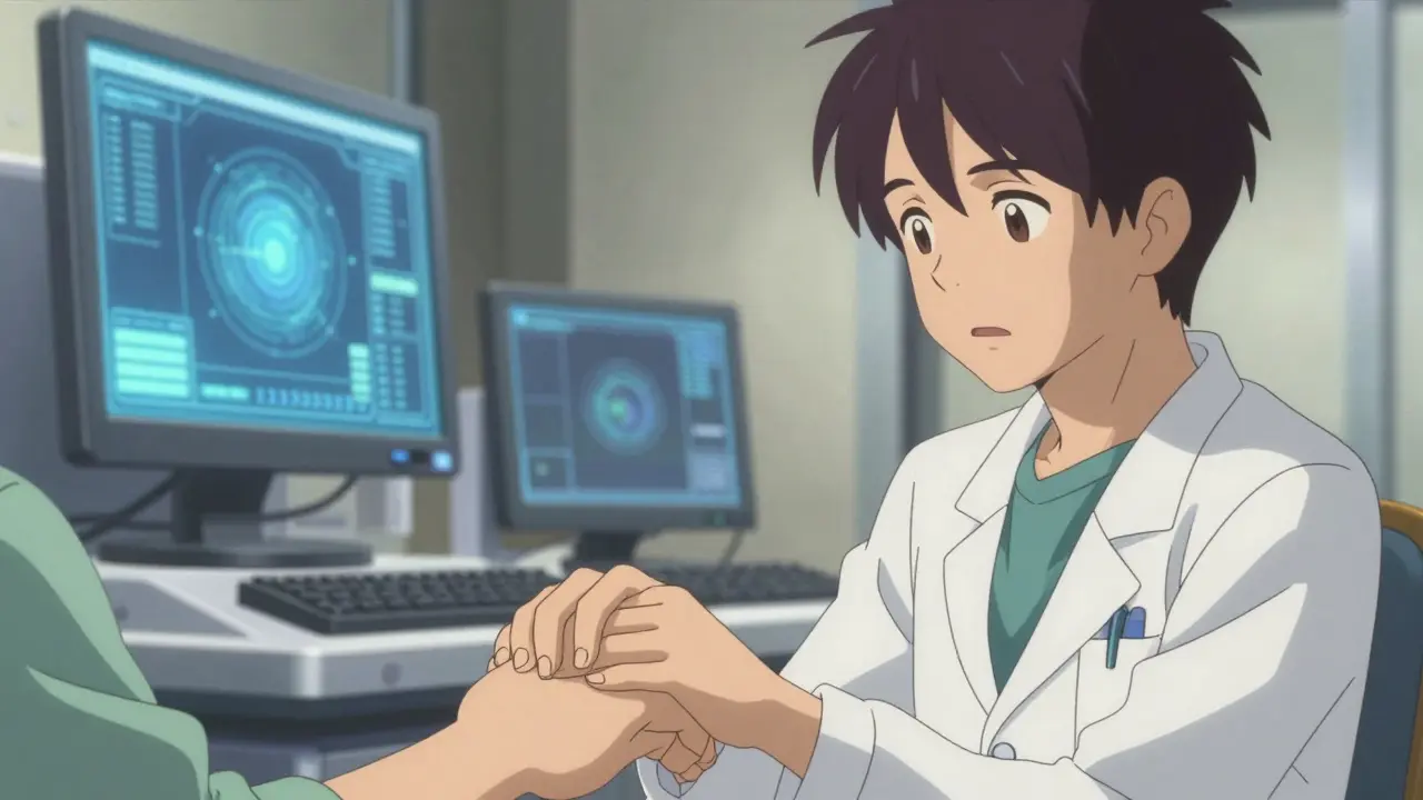 Close-up of a doctor and patient connecting emotionally amidst automated medical technology