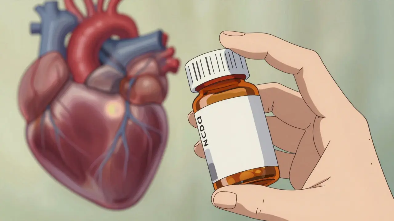 Close-up of a hand holding a medication bottle with glowing heart and thyroid symbols in the background