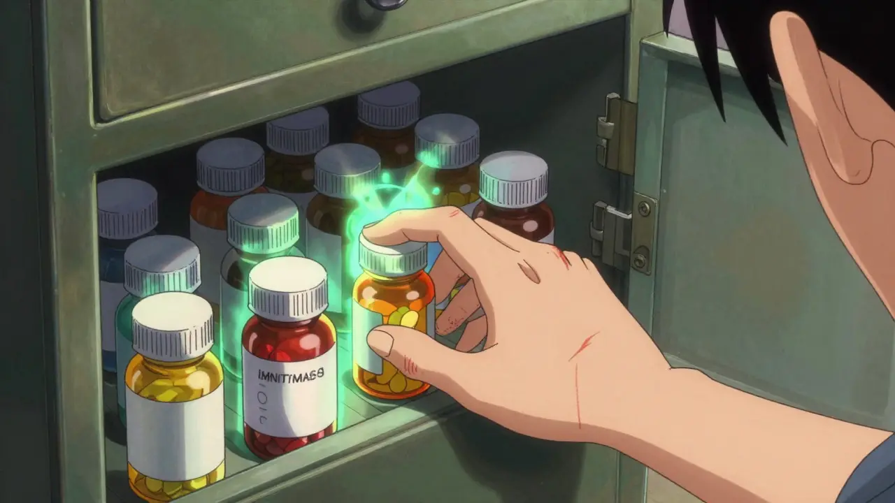 Close-up of a medicine cabinet with glowing pill bottles and a hand reaching out.