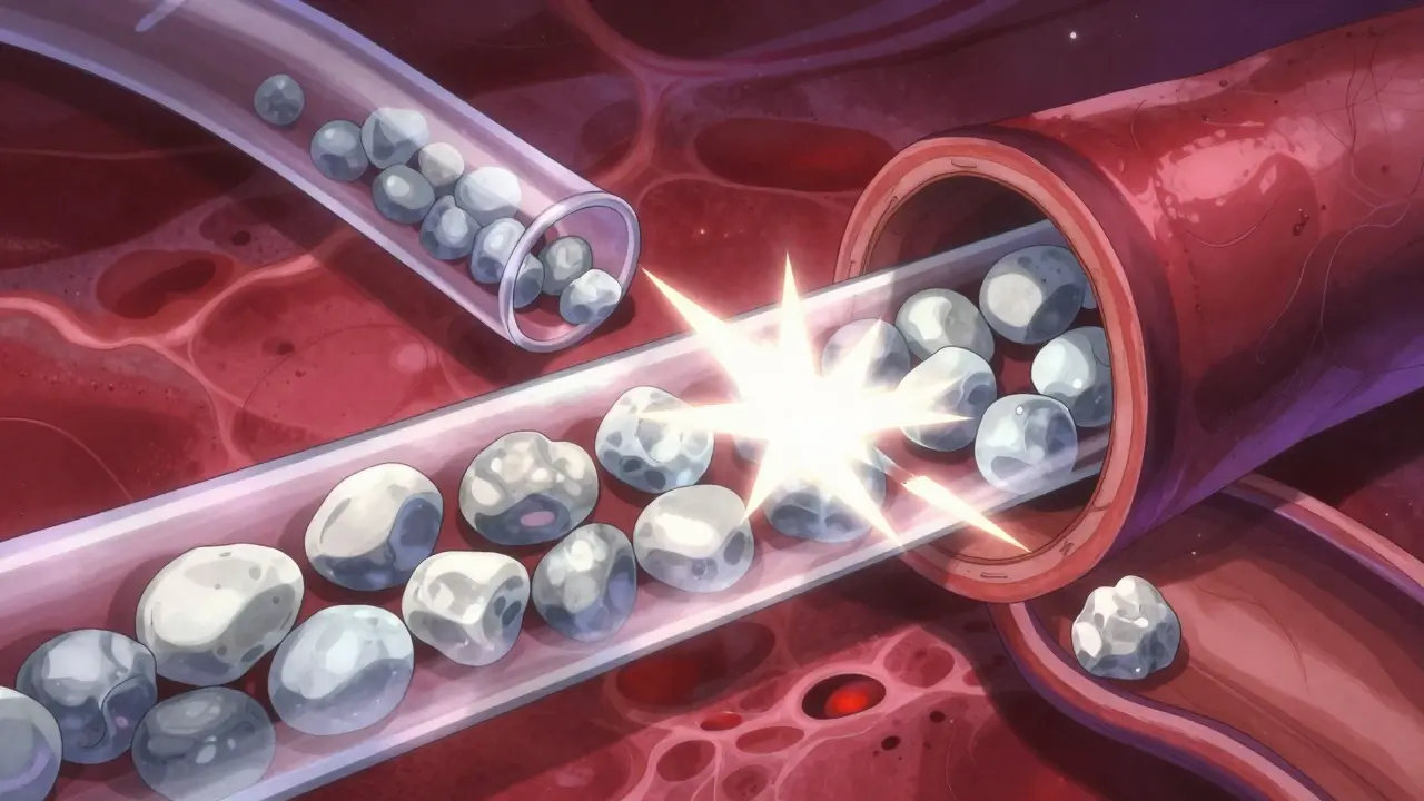 Conceptual anime illustration of bright calcified plaque as pebbles inside a glowing artery.