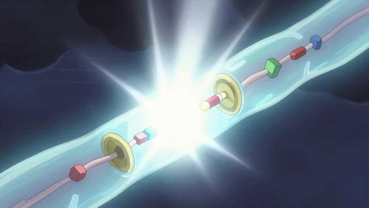 Conceptual anime illustration of medication stabilizing an overactive nerve fiber.