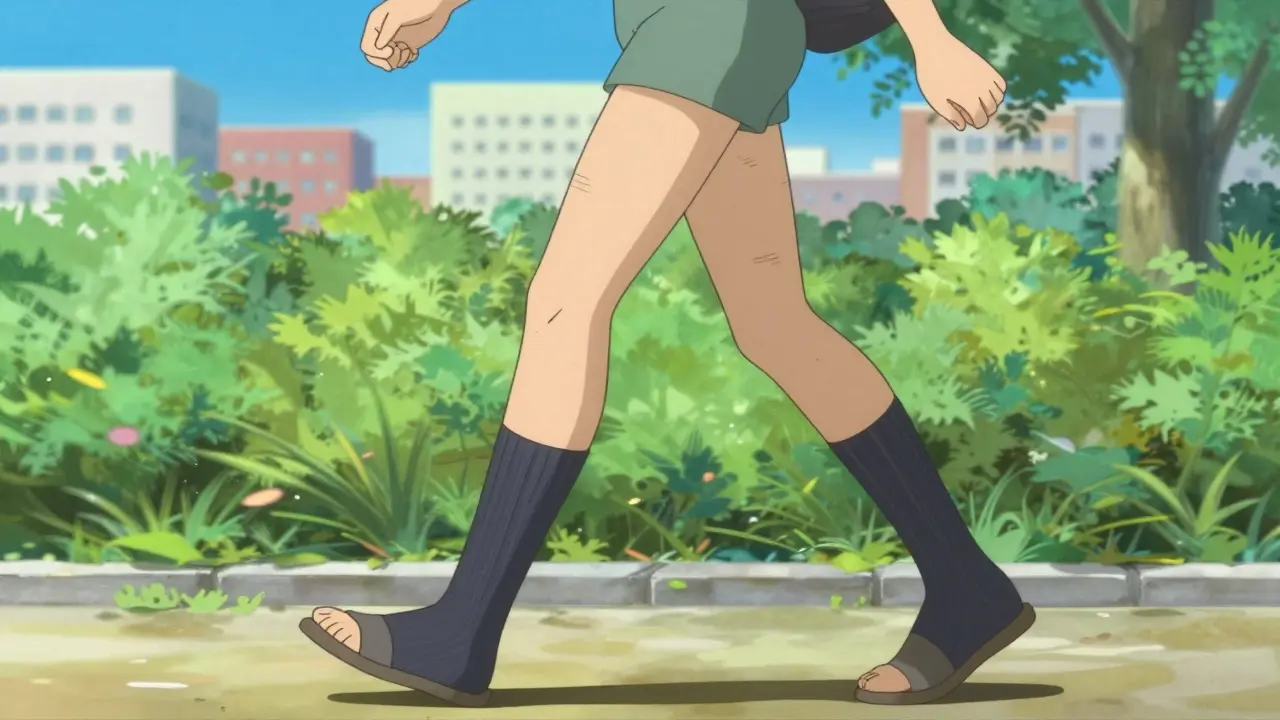 Energetic anime character walking in a park wearing compression stockings for edema control.