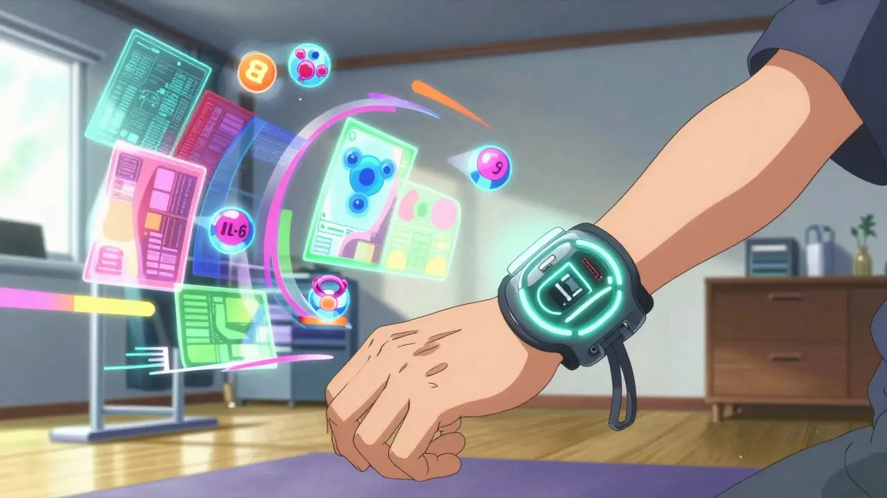 Futuristic anime illustration of a person using bio-sensors and data for personalized rehabilitation.