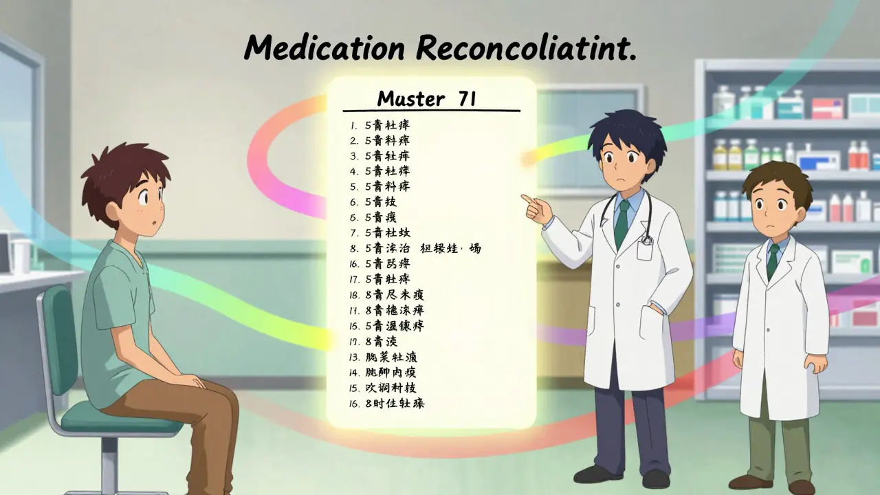 Patient, doctor, and pharmacist collaborating over a medication list in an abstract anime style.