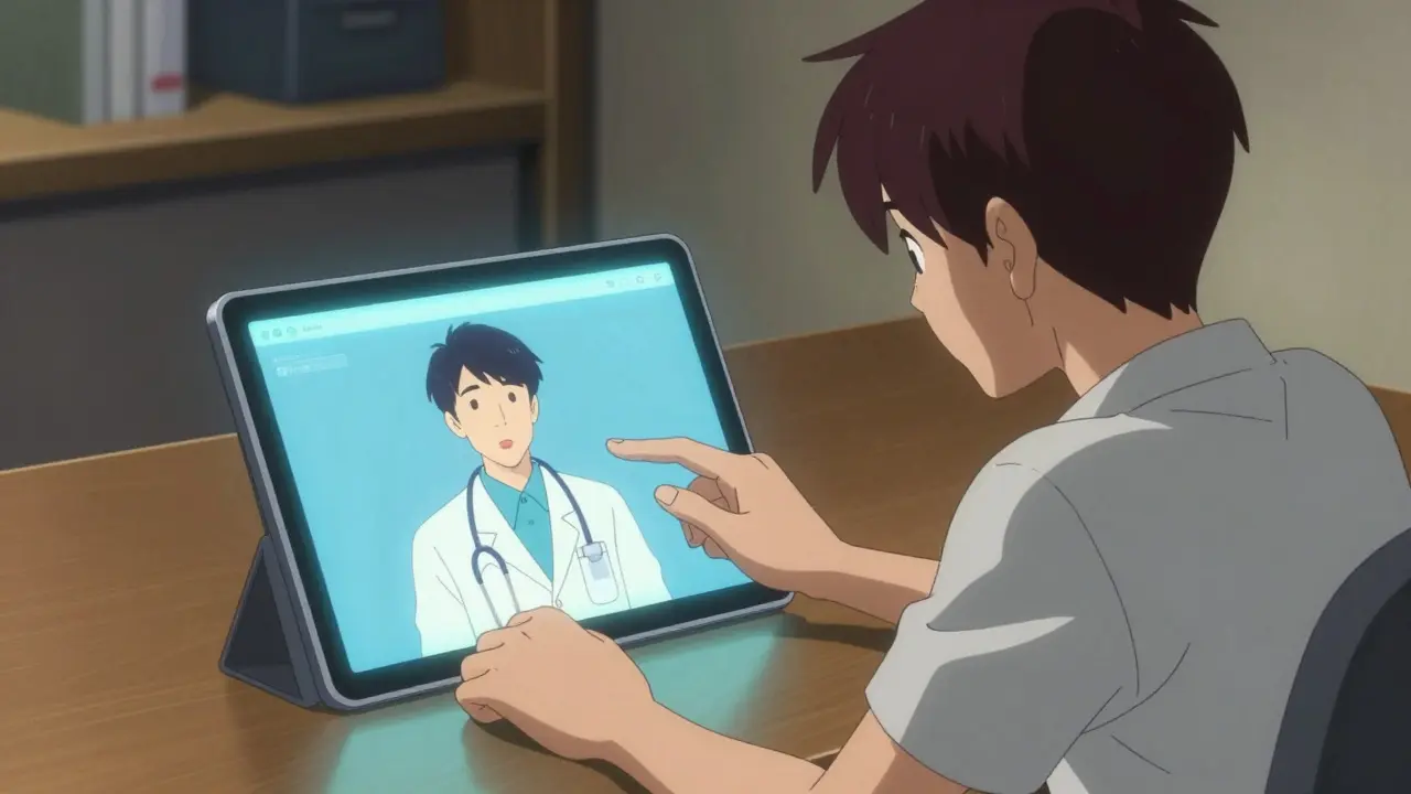 Person having a digital doctor consultation via a glowing tablet in a modern room.