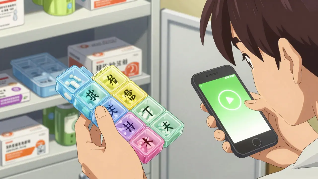 Person using a pill organizer and phone reminder for medication safety in a vibrant anime style.