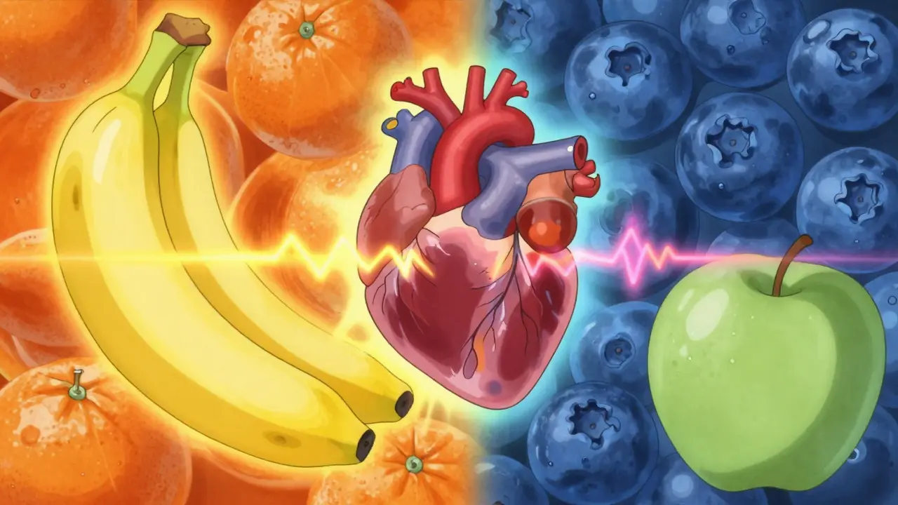 Stylized anime comparison of high-potassium fruits versus low-potassium berries and apples