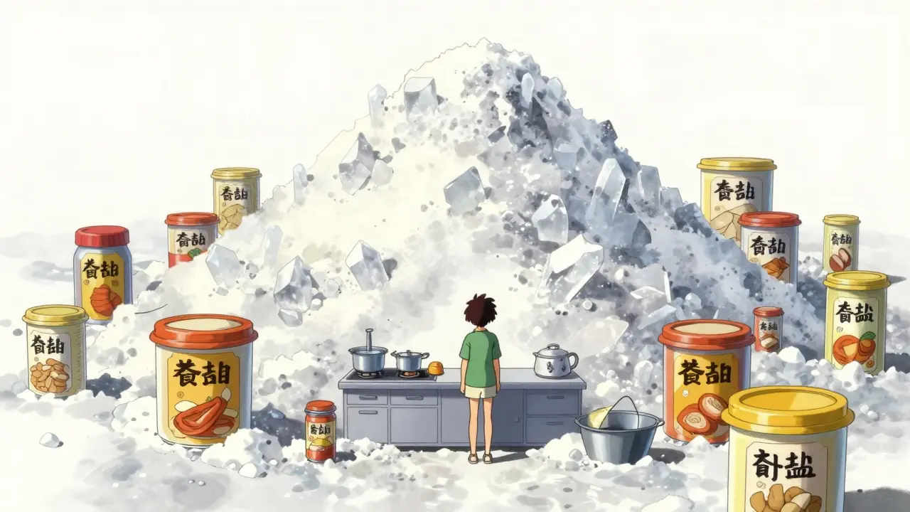 Stylized anime scene of a person facing a giant mountain of salt and processed foods.