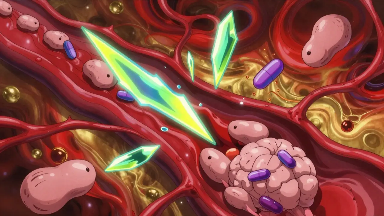 Surreal depiction of chemicals interacting with nerves in a psychedelic bloodstream.