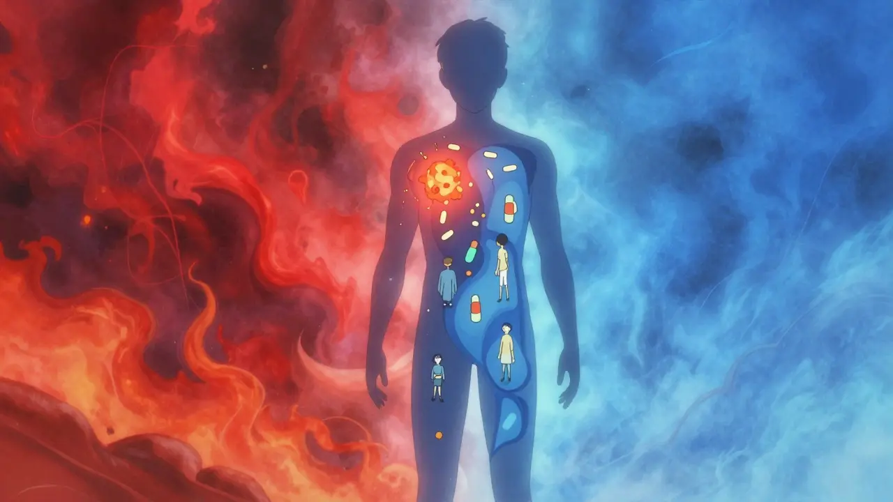 Abstract anime art showing pain relief mechanism inside body