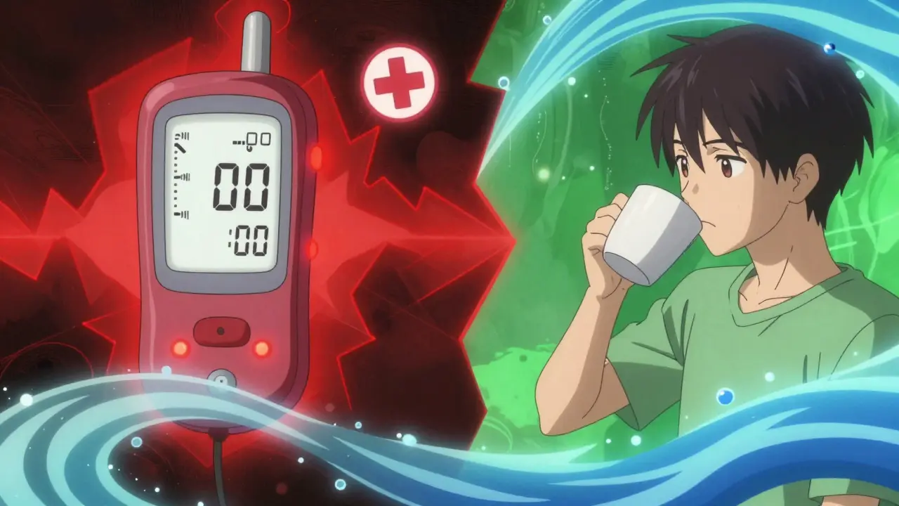 Anime art contrasting red ketone alert with calming hydration scene