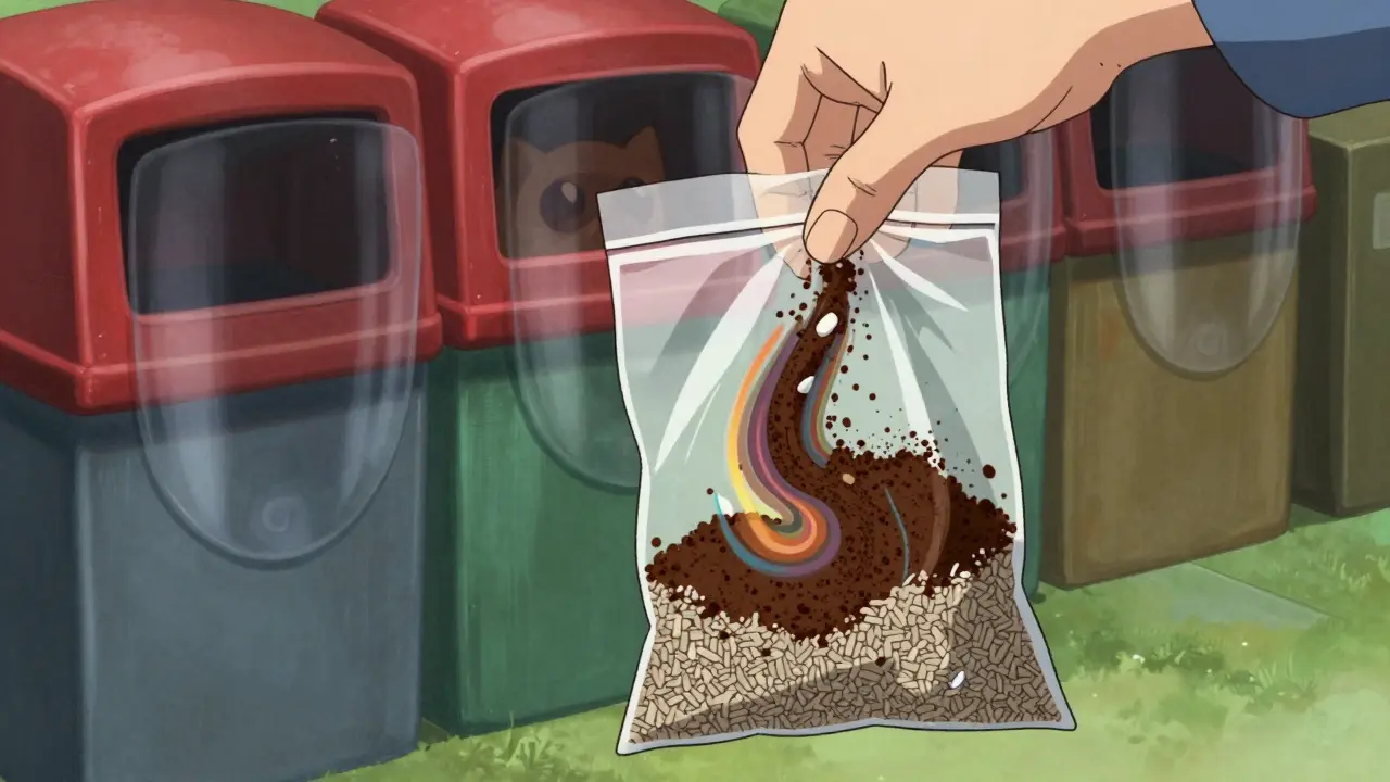 Anime character mixing expired meds with coffee grounds for safe disposal.