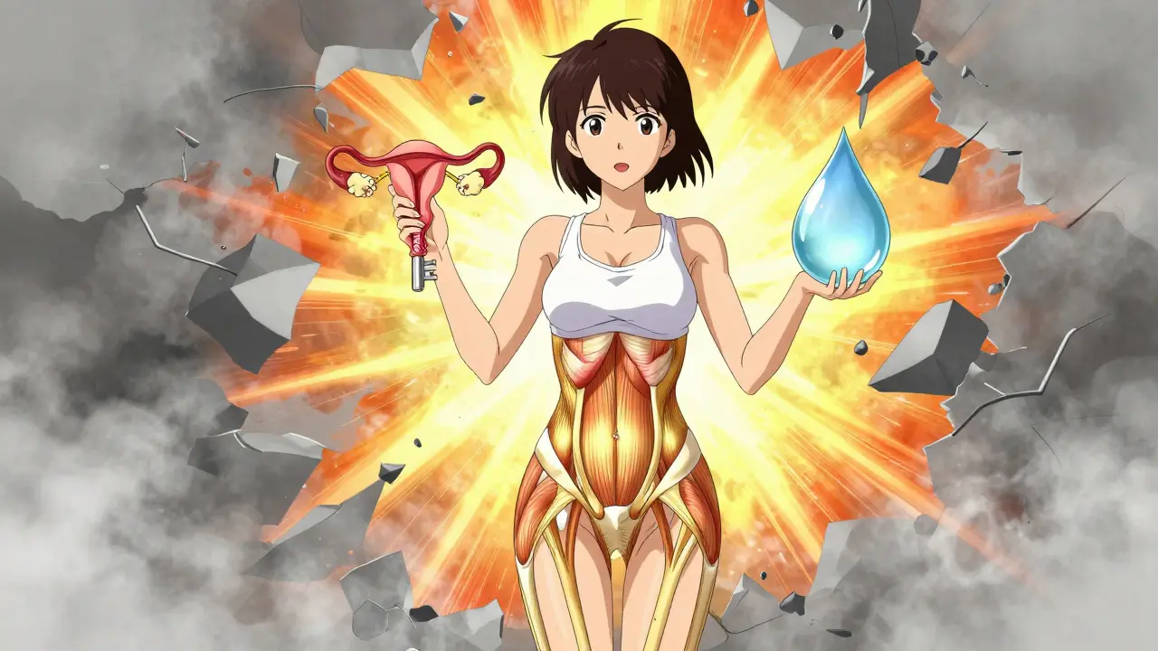 Anime illustration of a woman empowered, holding keys to treat pelvic pain conditions.