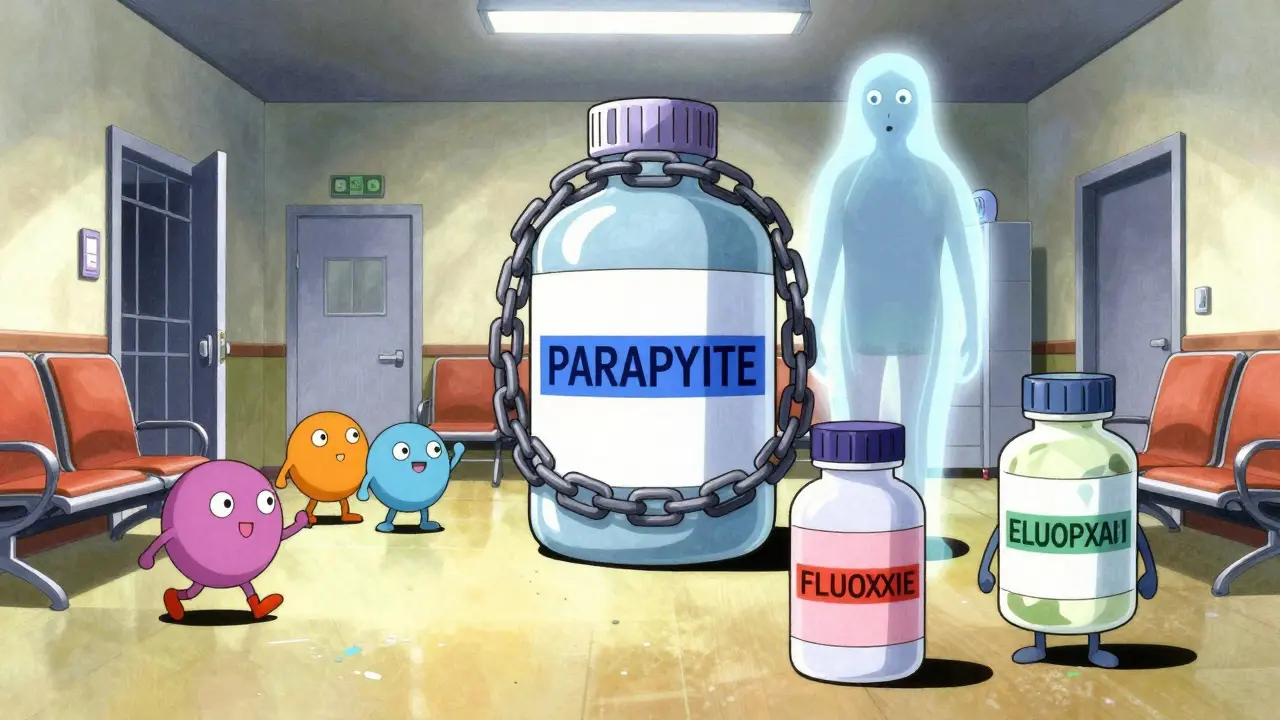 Anthropomorphic antidepressants personified as characters blocking or allowing pathways.