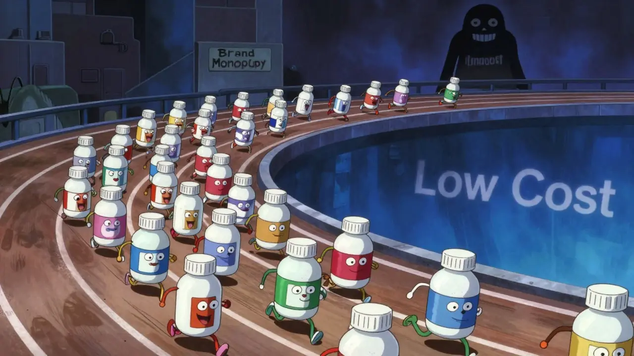Anthropomorphic generic pills racing downhill in a price war