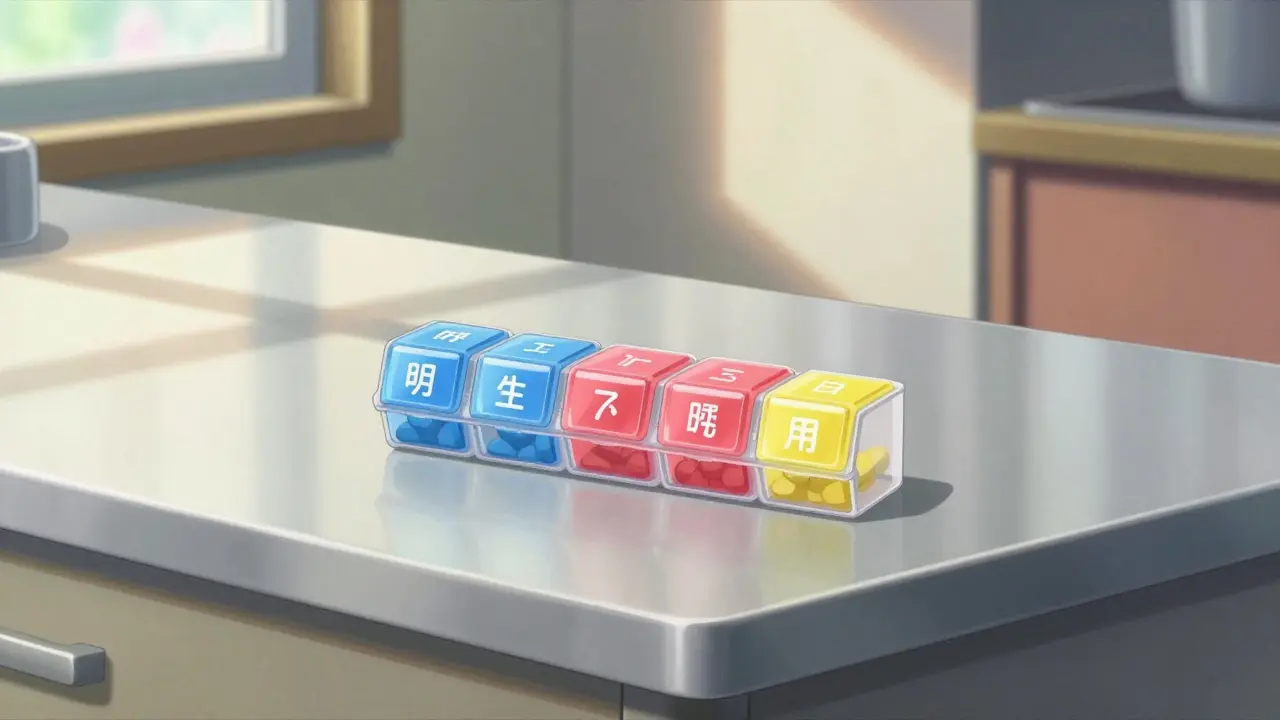 Color-coded pill organizer on a sunny kitchen counter, anime style