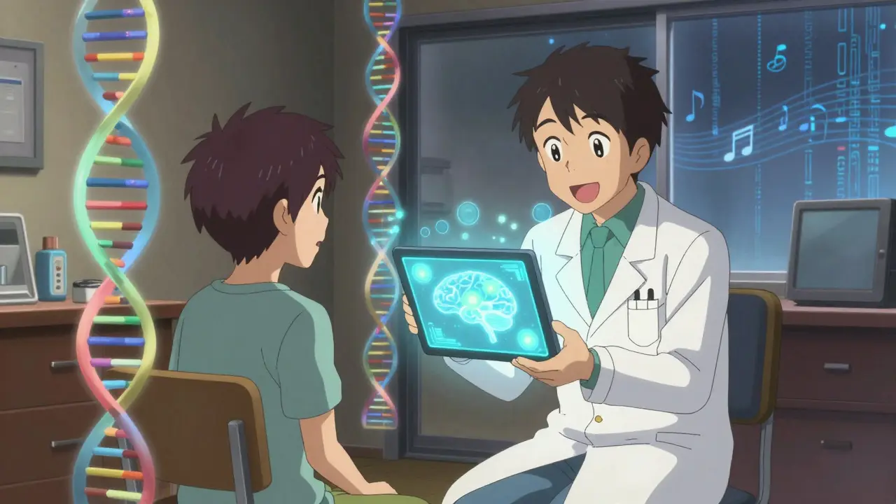 Doctor and patient reviewing glowing DNA strands and brain maps in anime art.