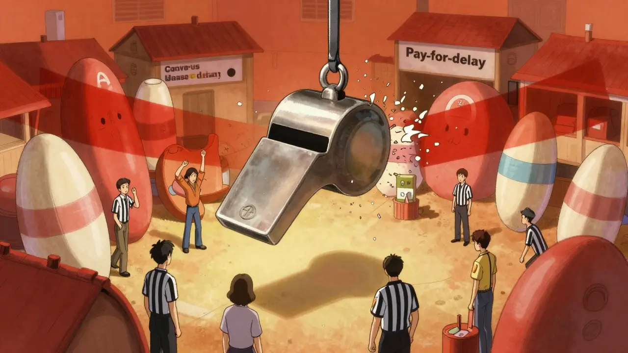 FTC referee blowing a whistle to break anti-competitive barriers