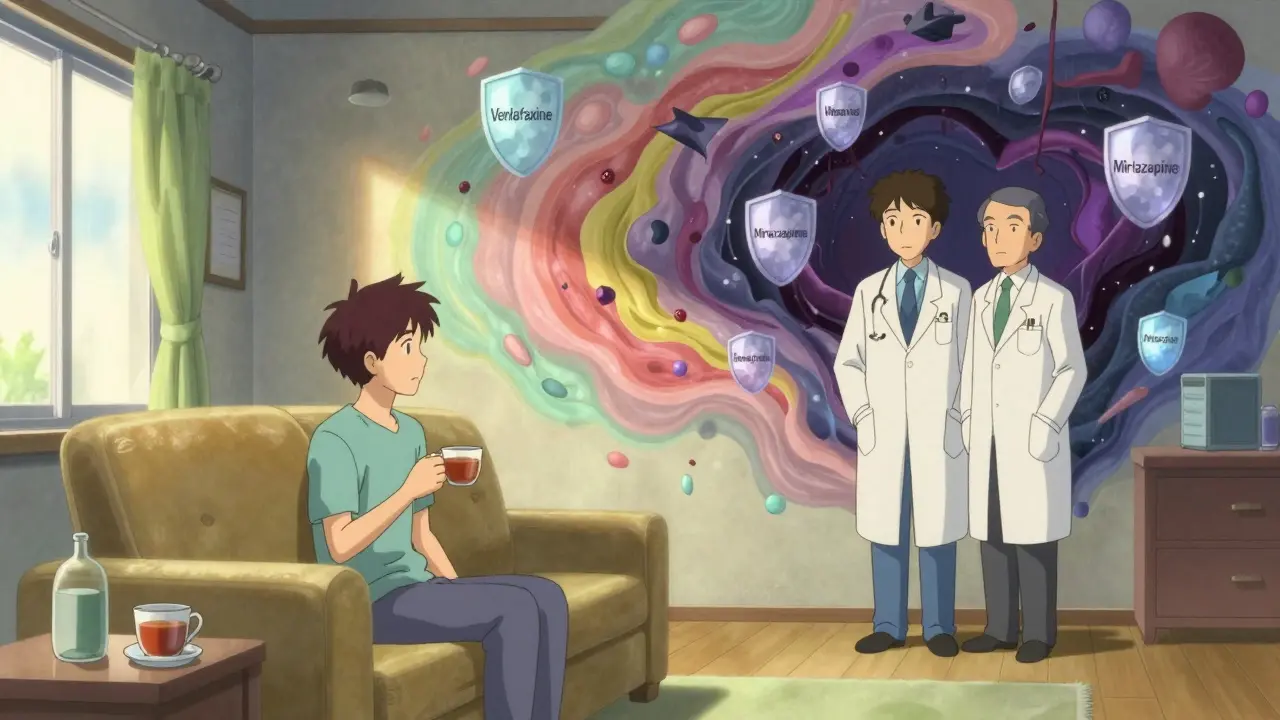Patient finding balance between mental health and cancer treatment in a surreal room.
