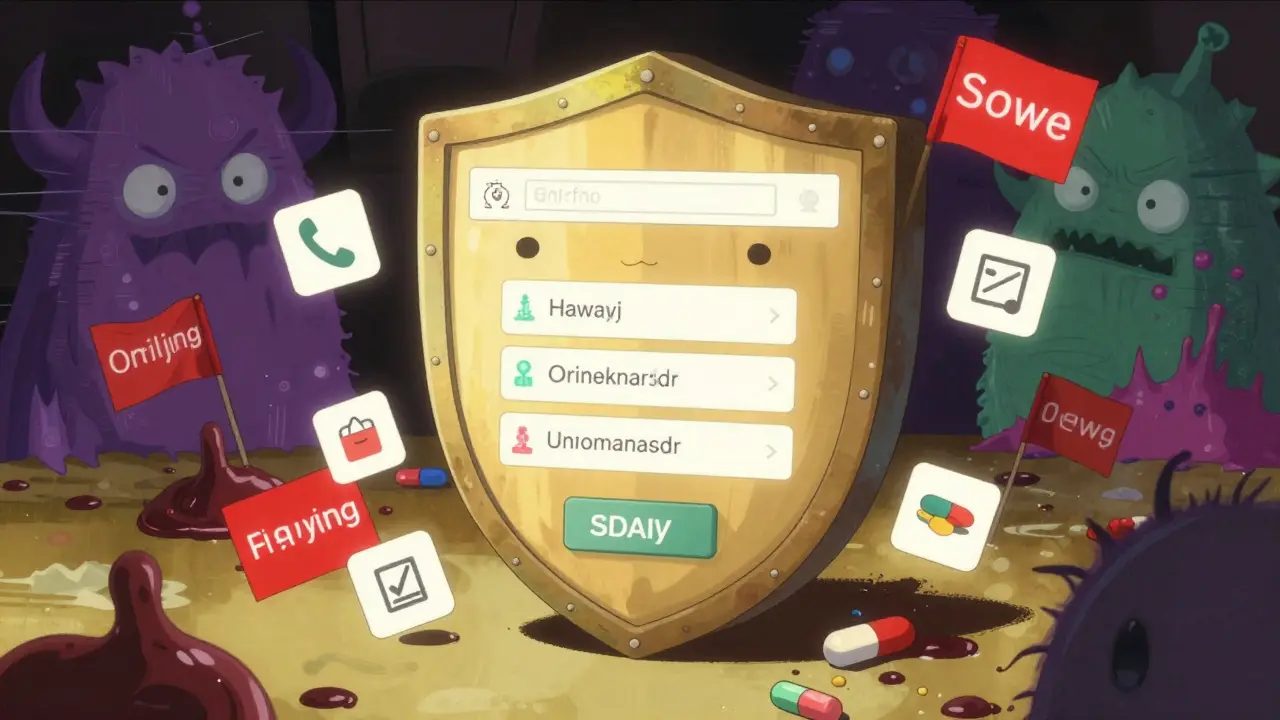 Safe pharmacy shield vs scary scam monsters in manga style