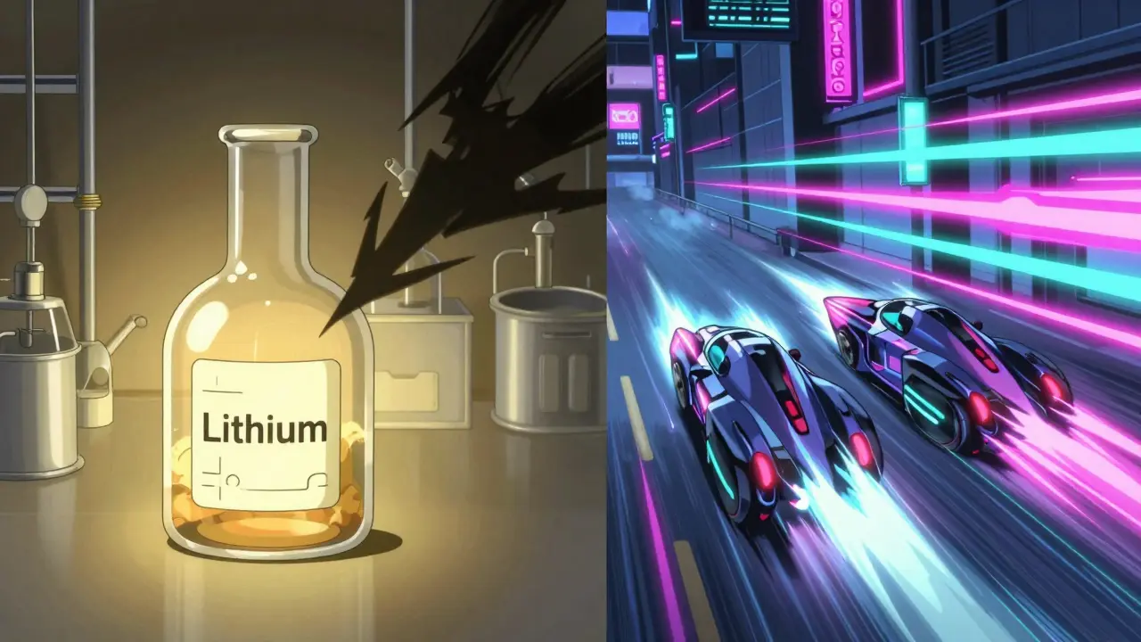 Split view: Golden lithium shield vs neon antipsychotic speeders in anime style.