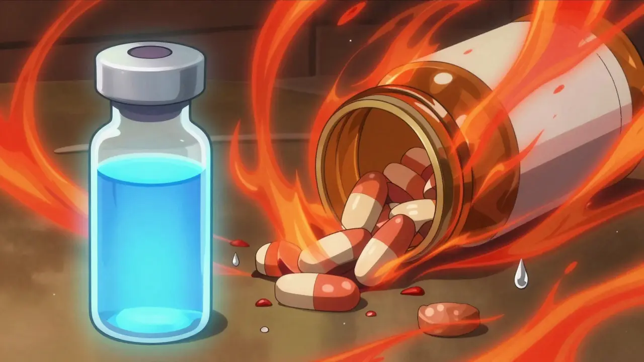Stylized anime art showing pills degrading in heat and humidity versus stable sealed meds.