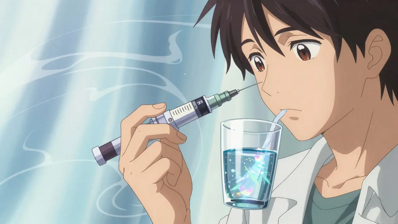 Stylized anime hands holding insulin pen and shimmering water glass