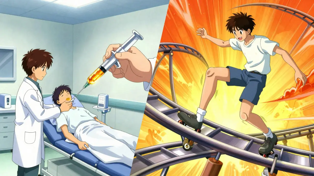 Stylized anime scene of knee injection and pain relief visualization