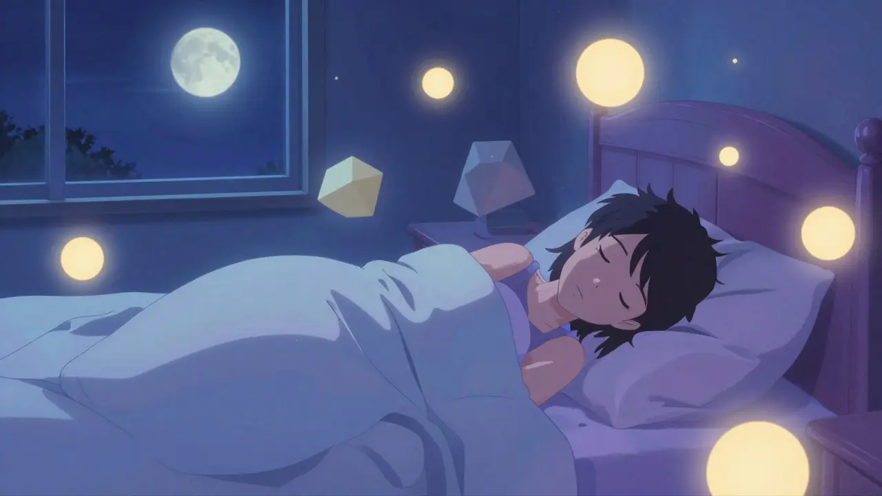 Surreal anime scene of a sleeping person surrounded by calming geometric shapes and soft light.