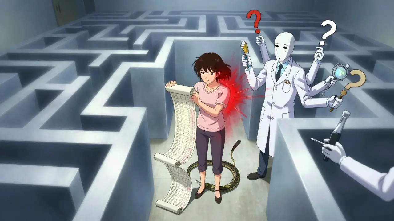 Surreal manga style image of a patient lost in a maze of medical diagnoses and records.