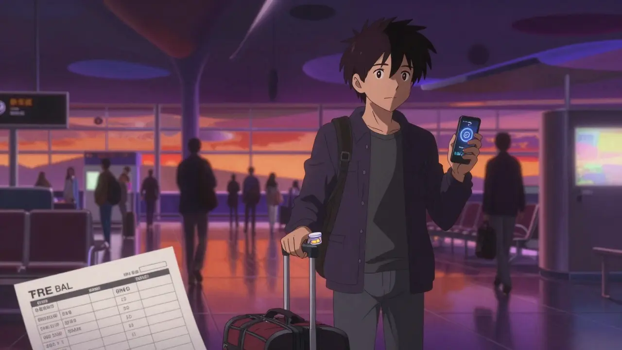 Traveler with medication supplies at an airport, Masaaki Yuasa style