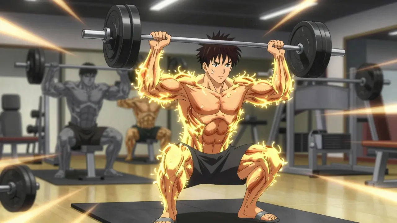 Vibrant anime character lifting glowing muscle fibers in a gym, symbolizing metabolism preservation.