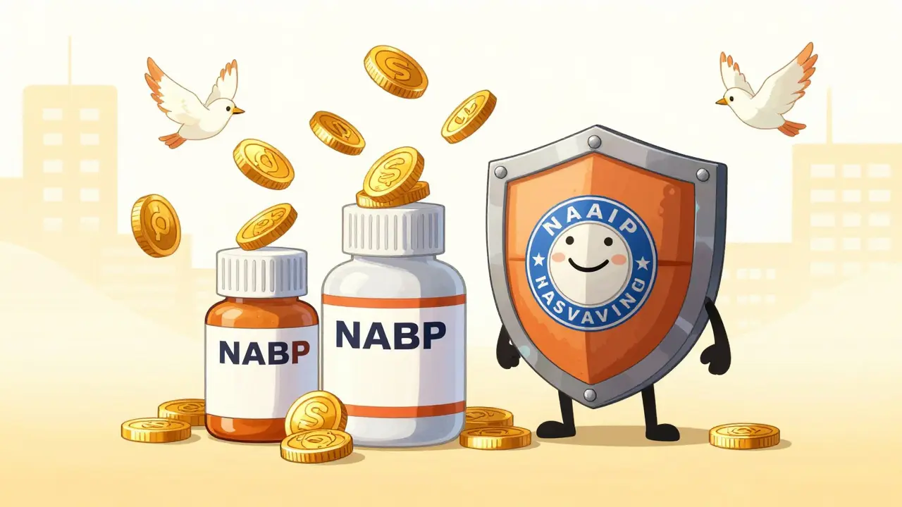 Whimsical anime art of safe pharmacy savings and protection