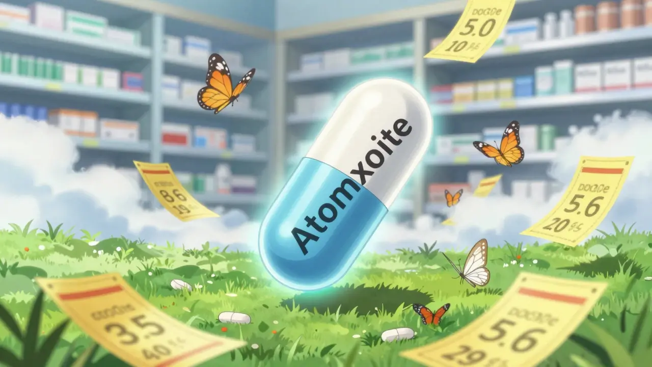 Whimsical anime art showing affordable generic atomoxetine capsules and savings