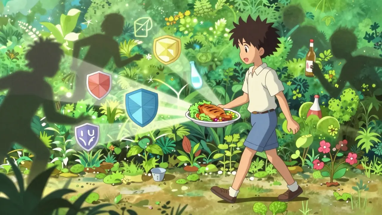 Anime character making healthy choices in magical garden