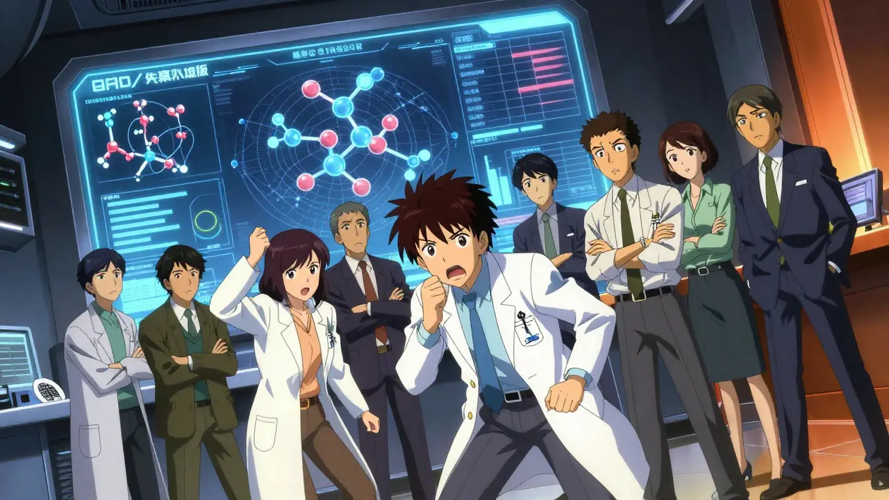 Anime scientists in a control room analyzing holographic data on drug safety regulations