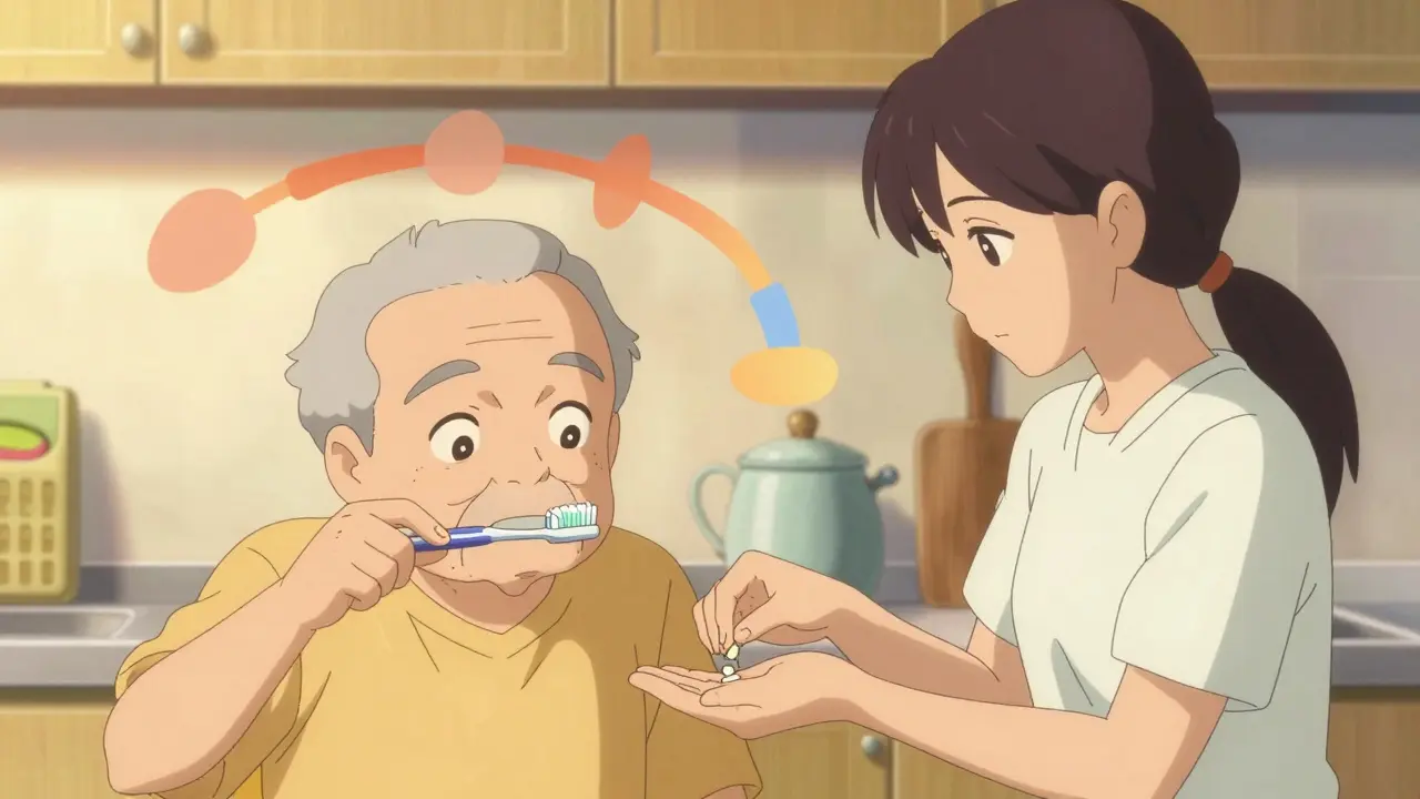 Calm morning routine linking brushing teeth to taking meds