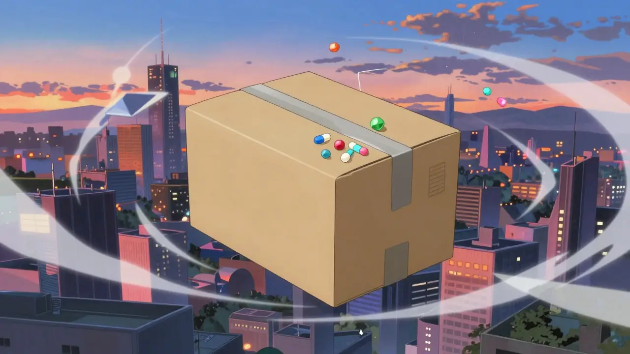 Discreet package floating over stylized neon cityscape with pills inside