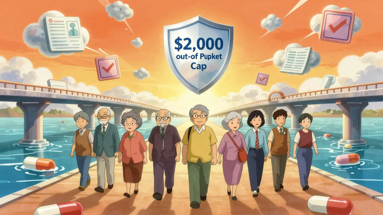 Elderly patients walking toward financial safety net in anime style