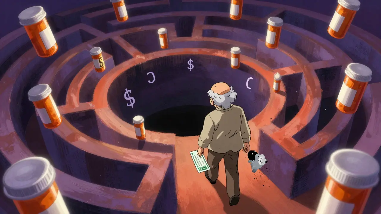 Elderly person trapped in a surreal maze of Medicare costs