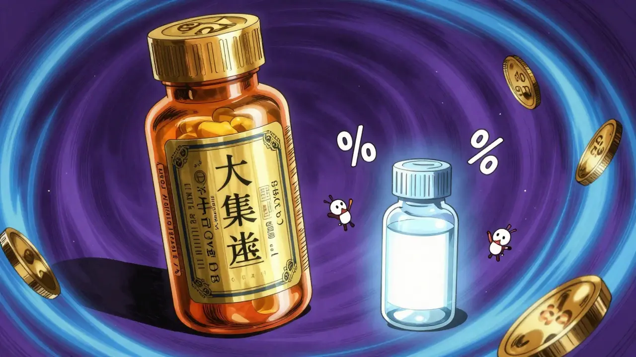 Generic pill bottle outshining expensive brand bottle with floating savings