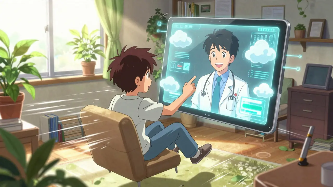 Manga style illustration of a patient consulting a holographic doctor online