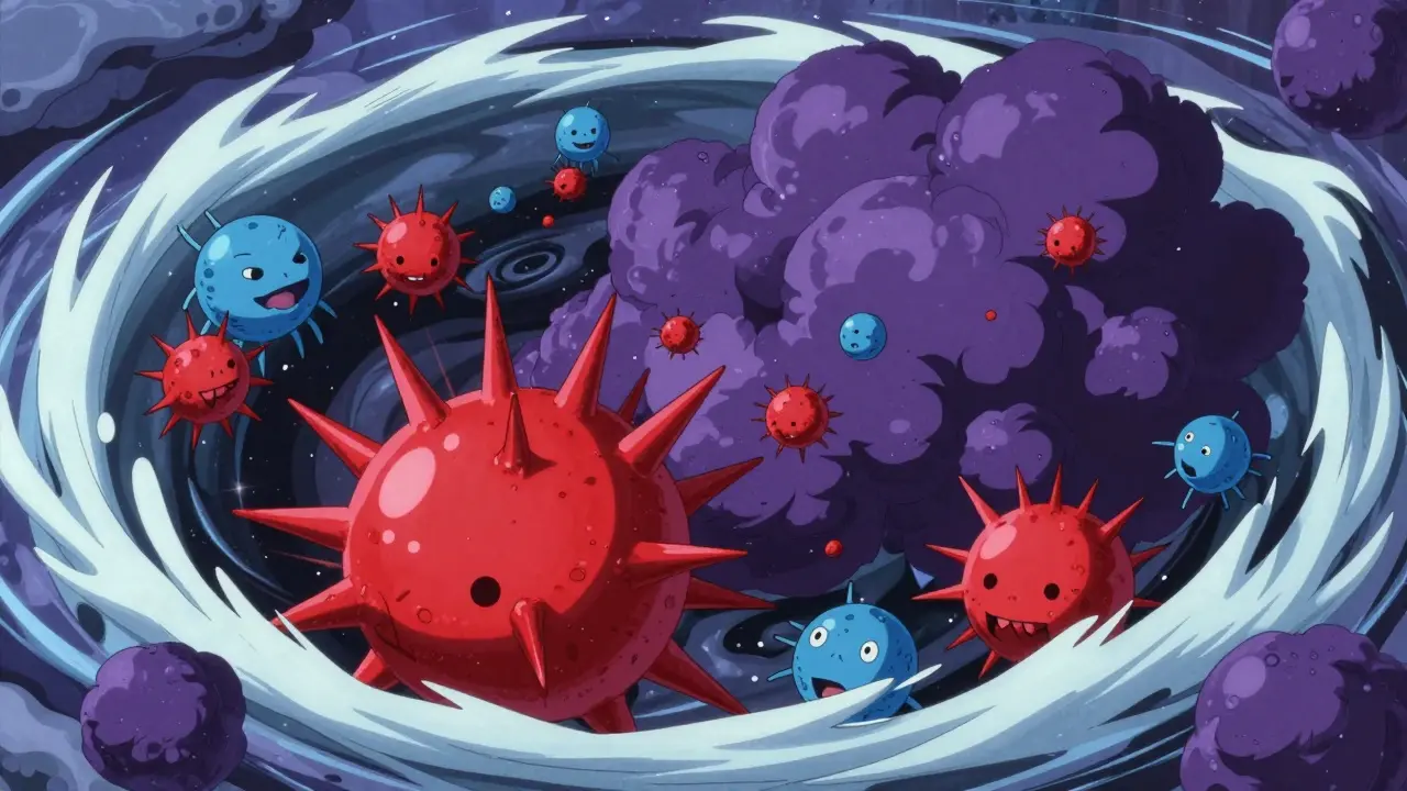 Microscopic anime view of colorful molecules colliding to form dark nitrosamine clouds