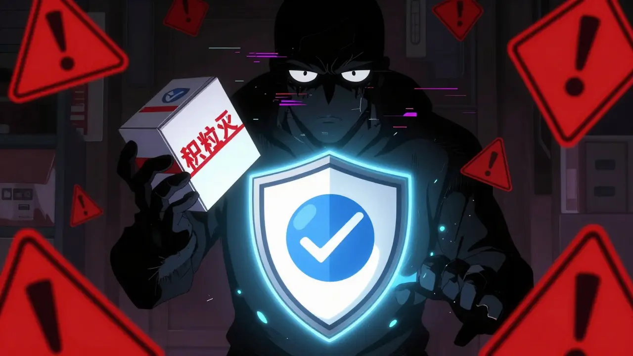 Shield of verification protecting against shadowy fake pharmacy figure